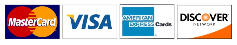Accepted payment cards including Mastercard, Visa, American Express and Discover