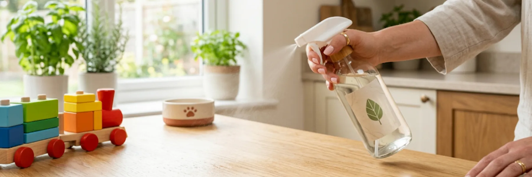 Hand spraying cleaning solution on a kitchen bench beside children's toys