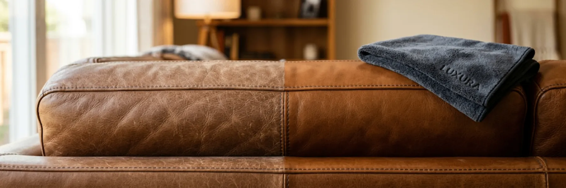 Brown leather sofa with a grey microfibre cloth draped over the arm